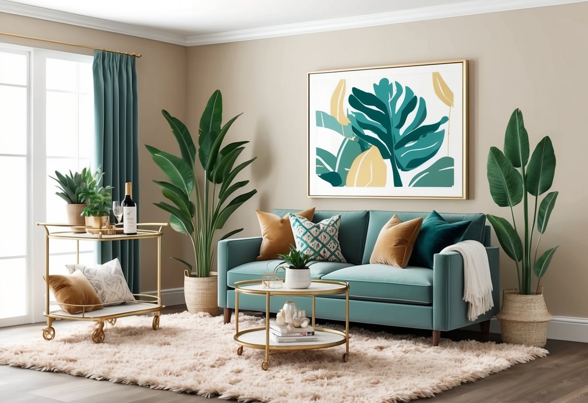 A cozy living room with a plush rug, statement artwork, and potted plants. A chic bar cart and stylish throw pillows add a touch of elegance