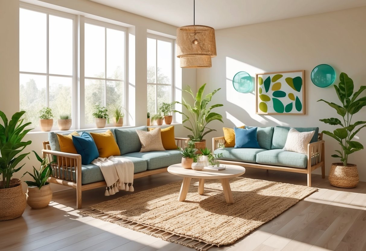A cozy living room with eco-friendly furniture, natural fiber rugs, potted plants, and recycled glass decor. Sunlight streams in through large windows, highlighting the sustainable materials