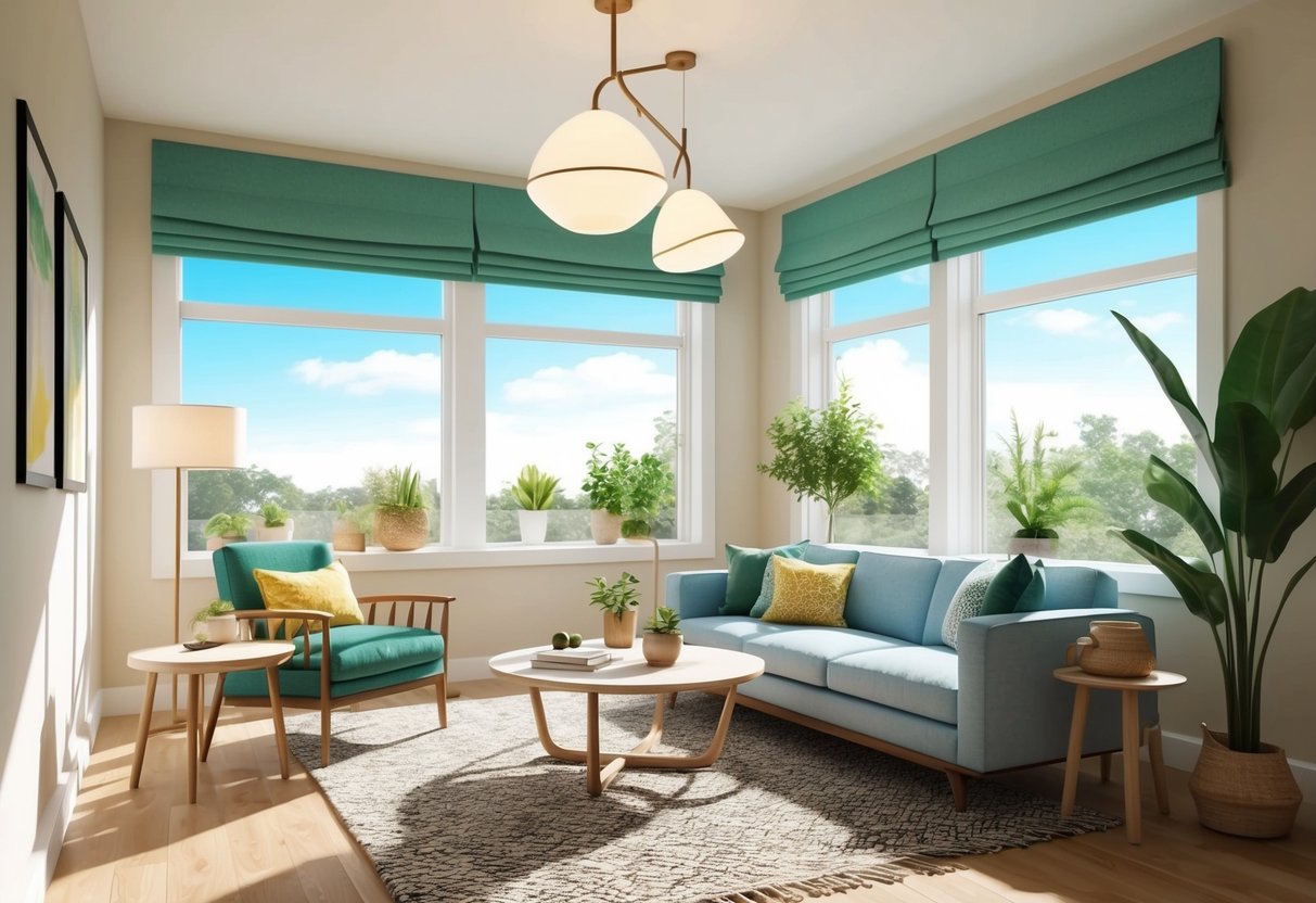 A sunlit room with energy-efficient LED bulbs, sustainable materials, and natural light streaming through eco-friendly window treatments