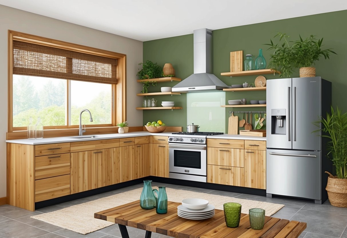 A modern, eco-friendly kitchen with energy-efficient appliances and sustainable decor, featuring natural materials like bamboo, recycled glass, and reclaimed wood