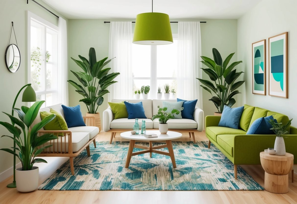 A modern living room with eco-friendly furniture, energy-efficient lighting, and indoor plants. A water-saving faucet and recycled materials showcase sustainable home decor