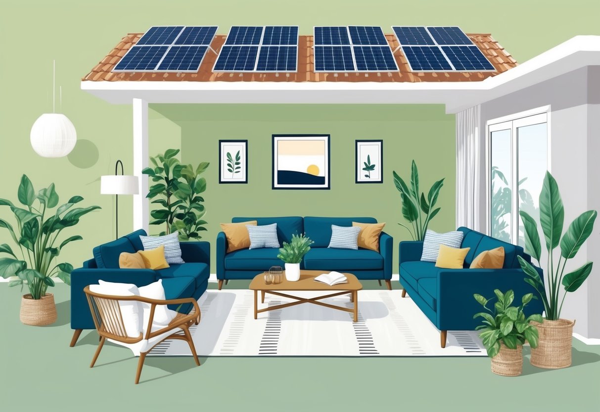 A modern living room with eco-friendly furniture, solar panels on the roof, and plants throughout the space