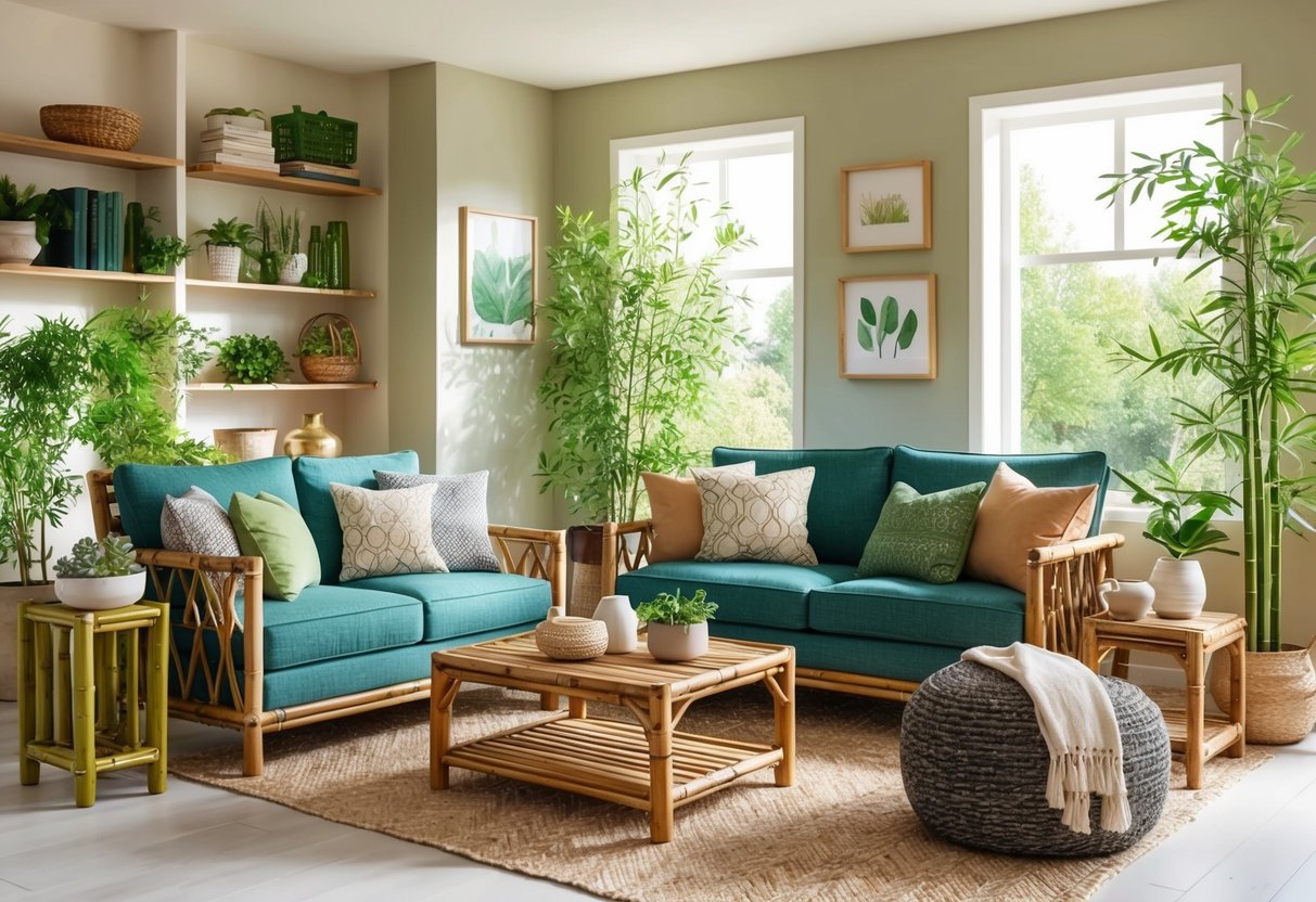 A cozy living room with eco-friendly furniture and decor made from sustainable materials like bamboo, reclaimed wood, and recycled fabrics. Natural light fills the space, highlighting the greenery and earthy tones