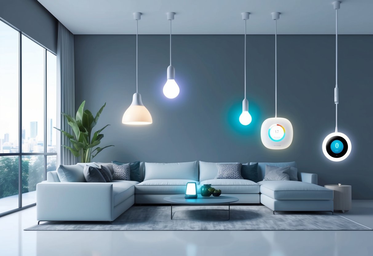 A sleek, minimalist living room with smart home products seamlessly integrated into the decor, including voice-activated lighting, a smart thermostat, and a digital assistant