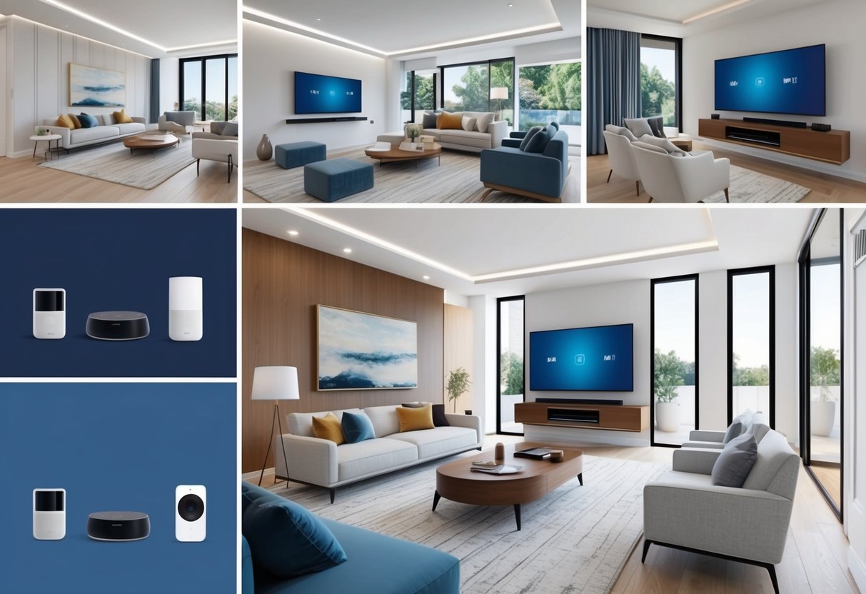 A modern living room with sleek smart home products seamlessly integrated into the decor. Multiple rooms are visible, each with its own entertainment and audio setup