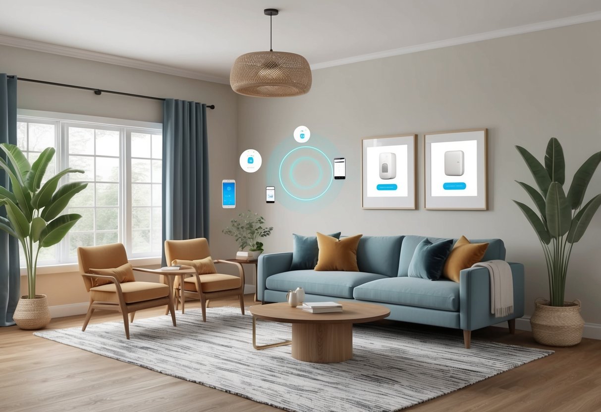 A cozy living room with budget-friendly smart home gadgets seamlessly integrated into the modern decor, creating an effortless and convenient living space