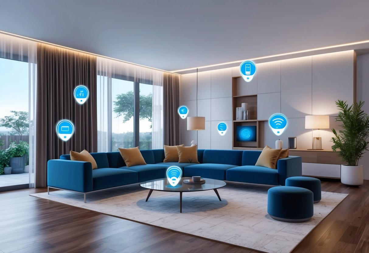 A sleek, modern living room with smart home products seamlessly integrated, from automated lighting and climate control to voice-activated entertainment systems