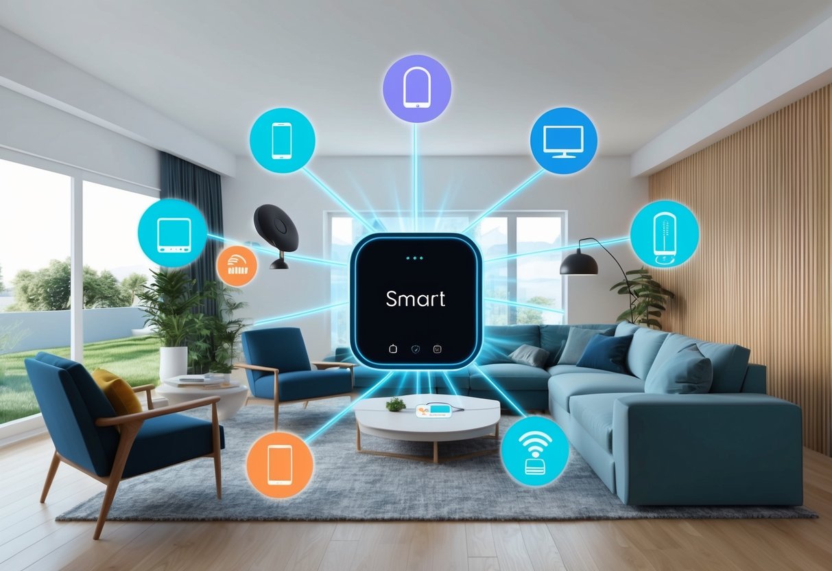 A smart home hub surrounded by various connected devices, all seamlessly integrated into a modern living space