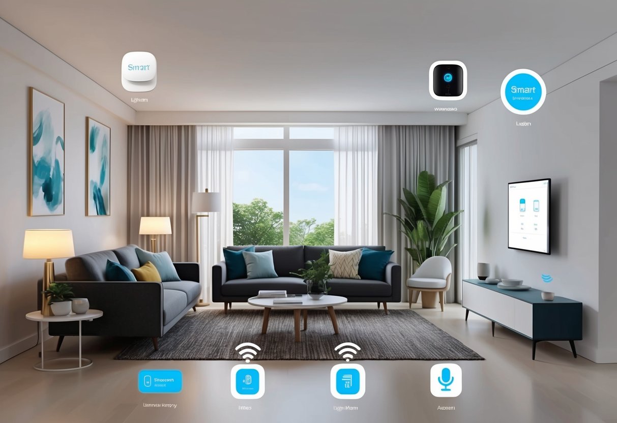 A modern living room with various smart home products seamlessly integrated, including lighting, thermostat, security camera, and voice-controlled assistant