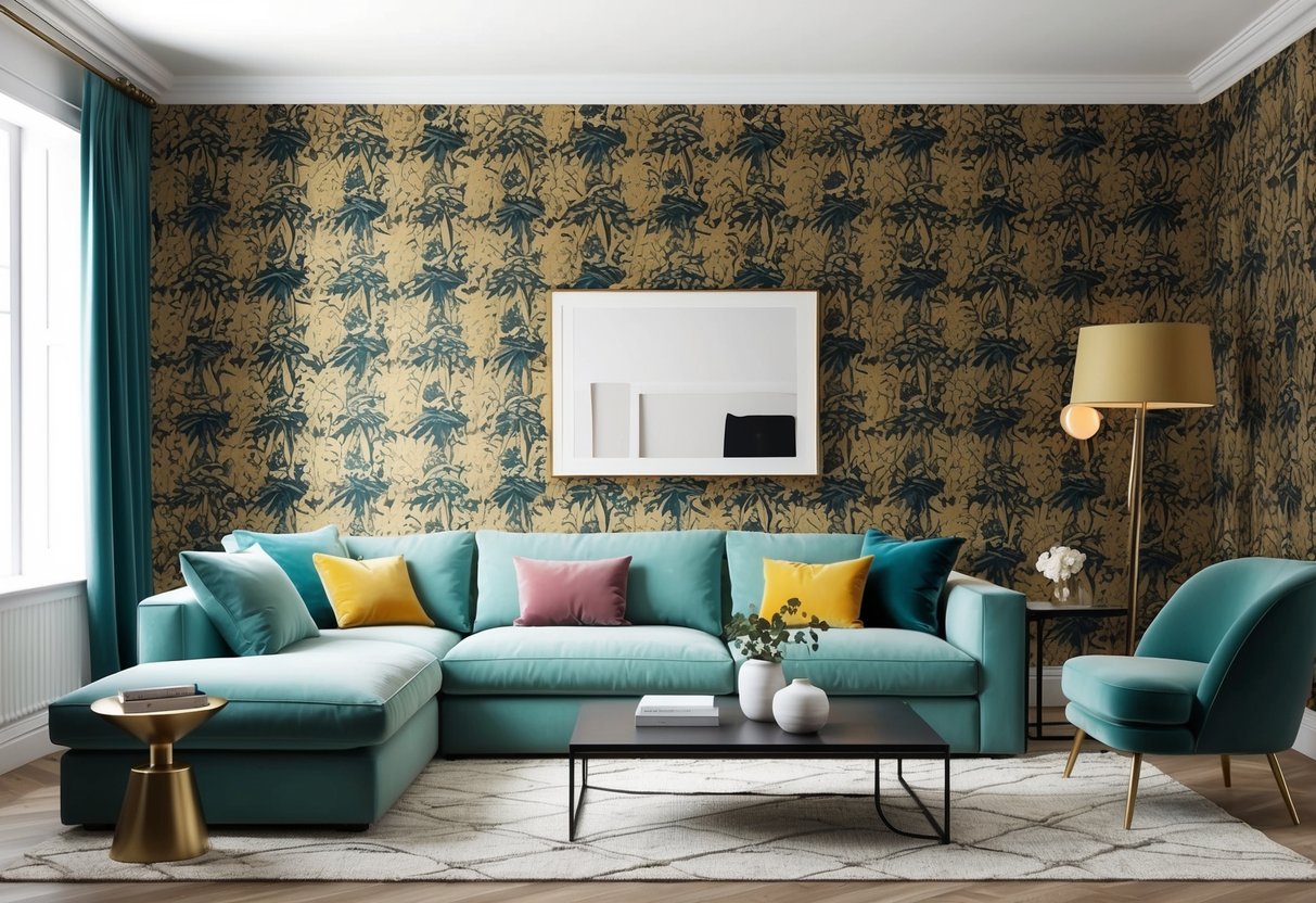 A cozy living room with a statement wall featuring bold wallpaper, a sleek sofa, and a mix of decorative accents for a stylish and impactful look