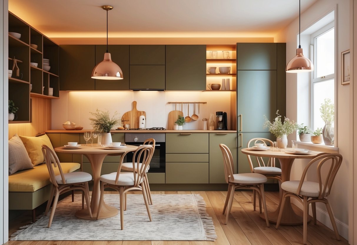 A cozy kitchen and dining area with clever decor solutions maximizing the small space. Warm lighting and stylish furniture create a welcoming atmosphere