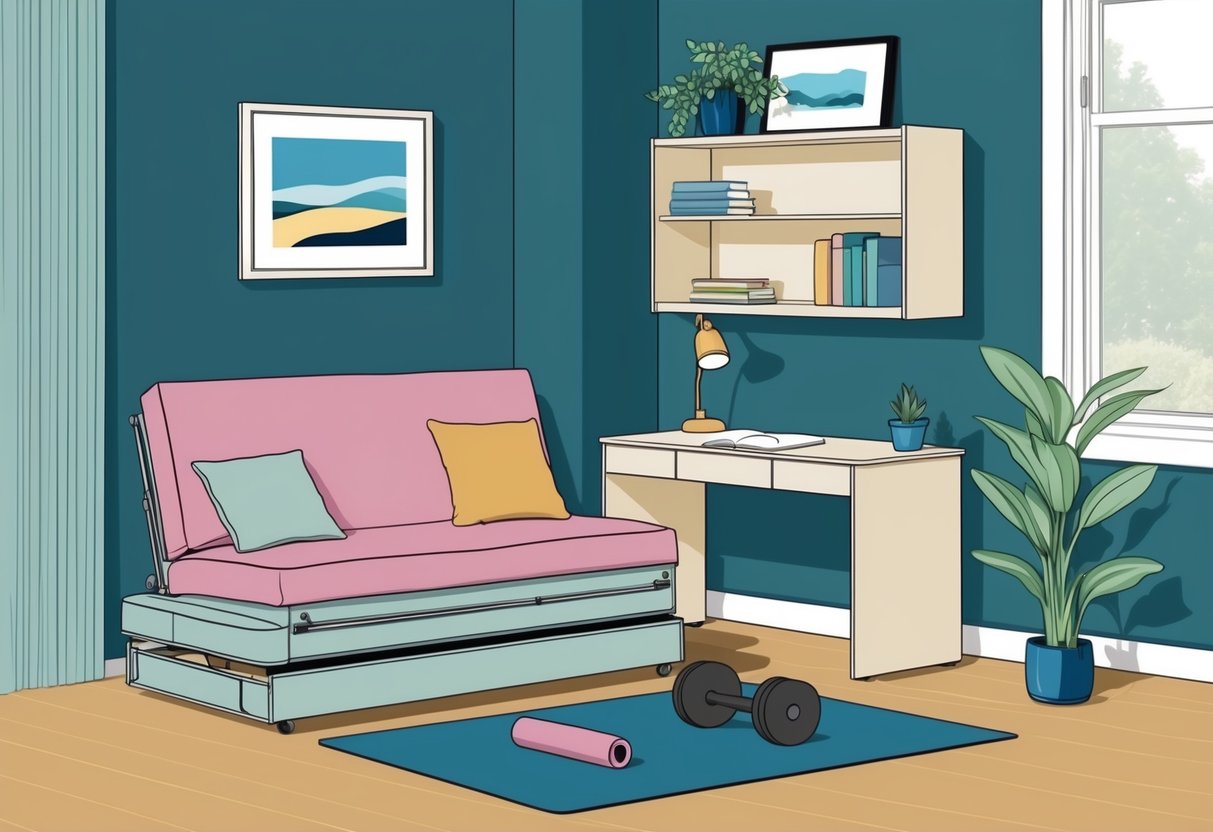 A cozy guest room with a fold-out sofa, desk, and bookshelf. Multi-purpose space includes a yoga mat and weights, with plants and artwork adding a touch of decor