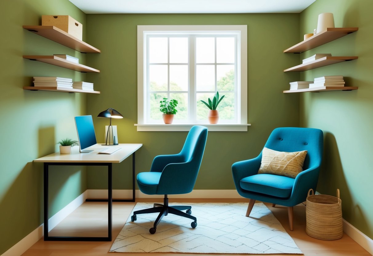 A cozy home office with a compact desk, wall-mounted shelves, and a comfortable chair. Natural light streams in through a window, illuminating the space