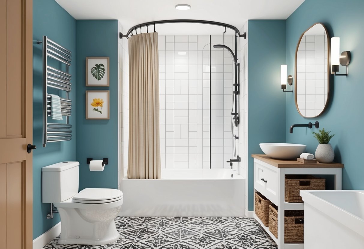 A small bathroom with clever storage solutions and decorative accents to maximize space and create a stylish and functional environment