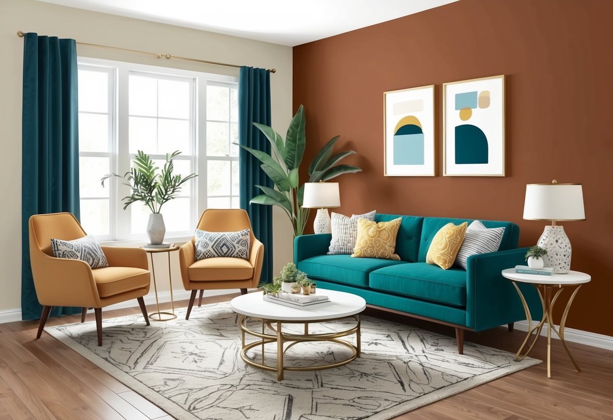 A cozy living room with a bold accent wall, stylish furniture, and decorative accents showcasing the concept of "small space, big impact" in home decor