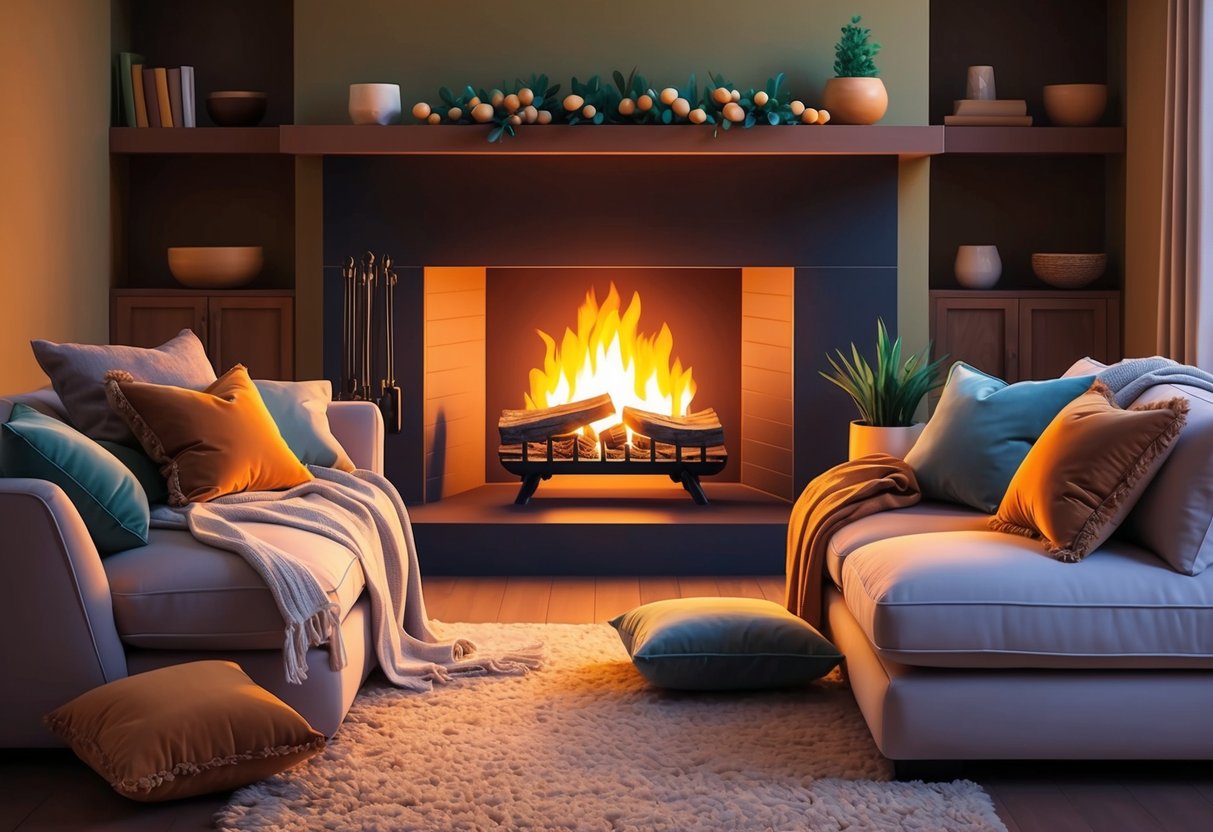 A crackling fireplace illuminates a cozy living room filled with plush pillows, soft throw blankets, and warm earthy tones, creating a welcoming and inviting space