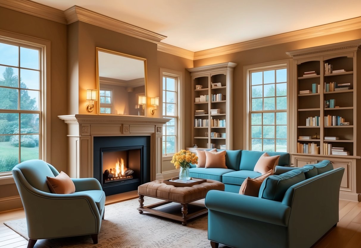 A cozy living room with a fireplace, large windows, and built-in bookshelves. Warm lighting, plush seating, and decorative architectural details create an inviting space
