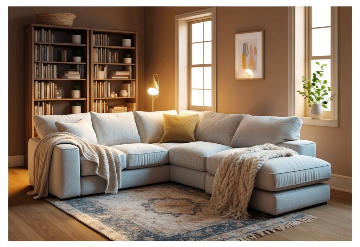 A small living room with a plush, oversized sofa, soft throw blankets, warm lighting, and a cozy rug. A bookshelf filled with books and decorative items adds to the inviting atmosphere