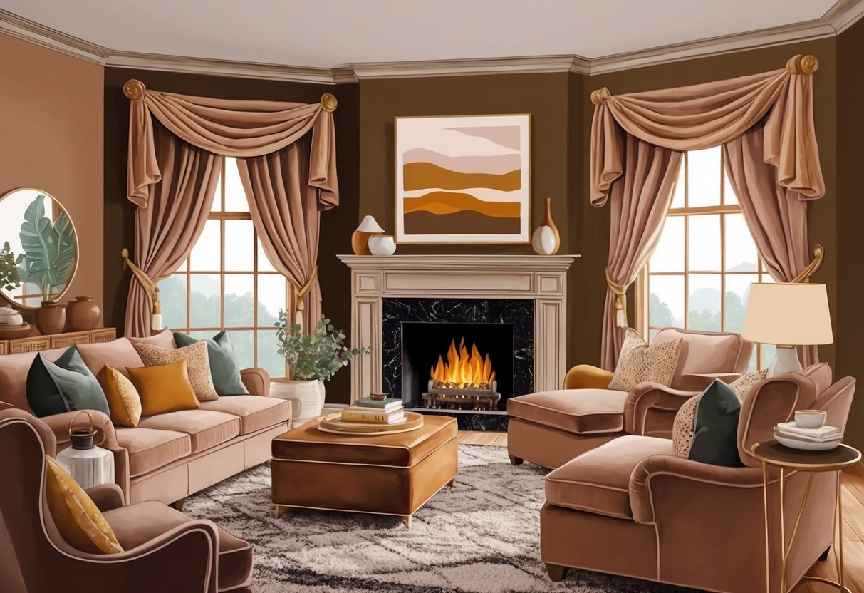 A cozy living room with plush furniture, warm earthy tones, a crackling fireplace, and soft, flowing window treatments to create a warm and inviting space