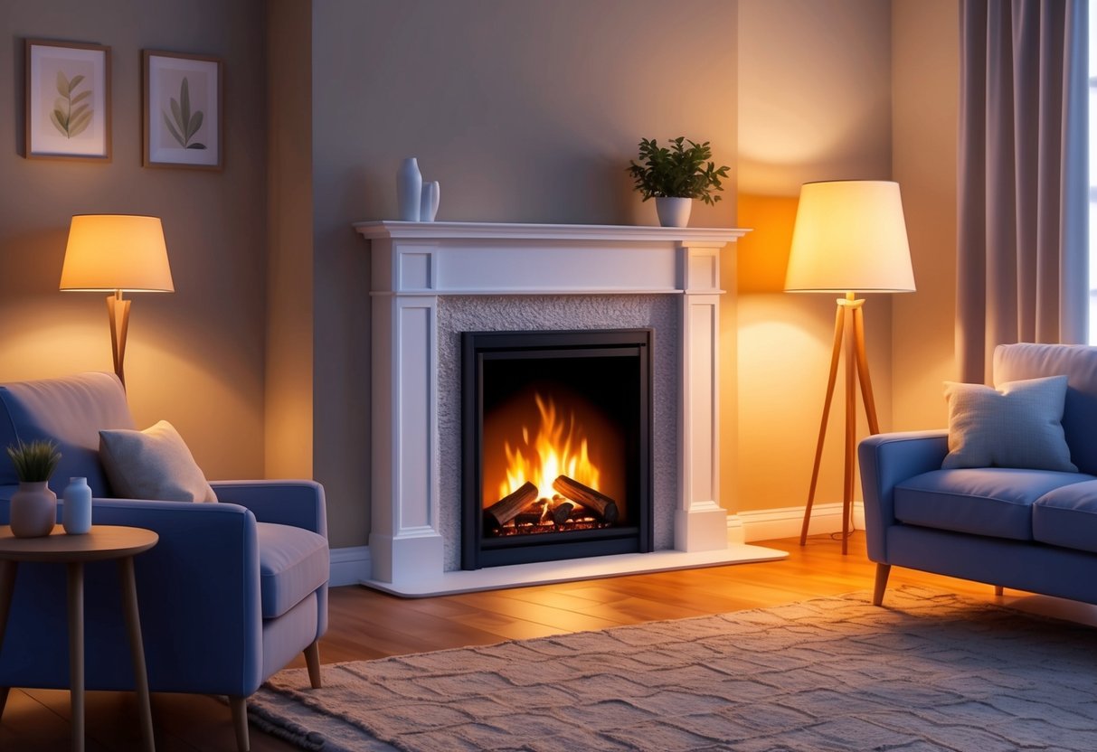 A crackling fireplace casts a warm glow over a cozy living room, with soft, ambient lighting from floor and table lamps creating a welcoming and inviting space