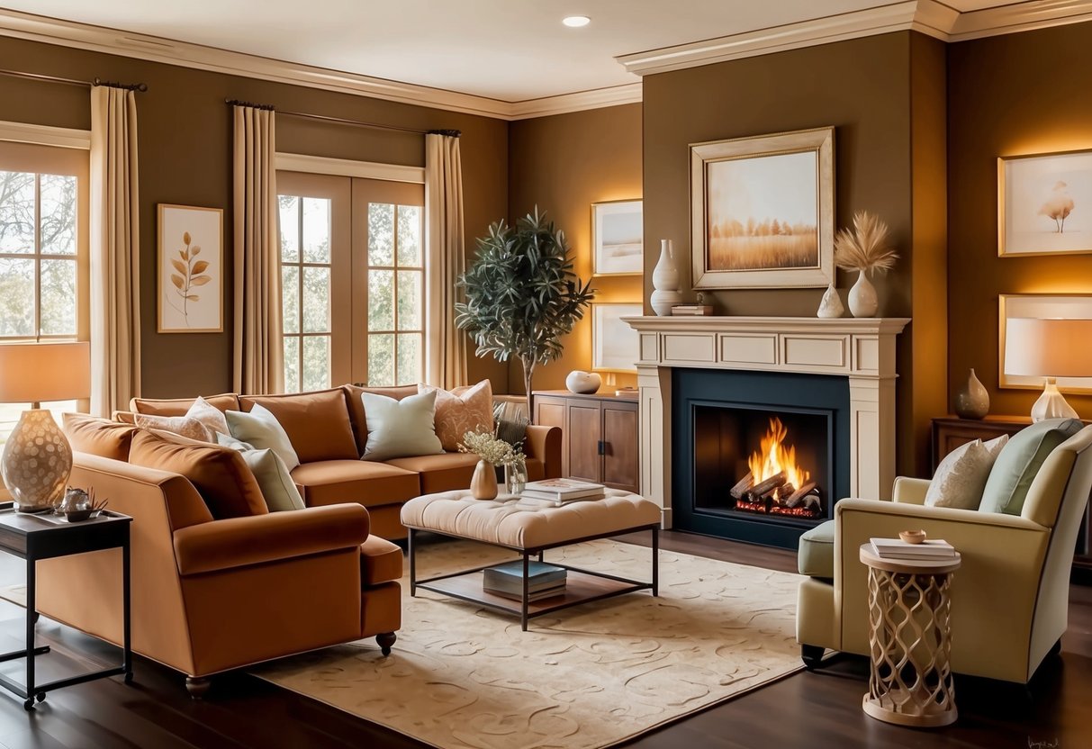 A cozy living room with warm earth tones, plush seating, soft lighting, and elegant decor. A crackling fireplace adds to the inviting atmosphere