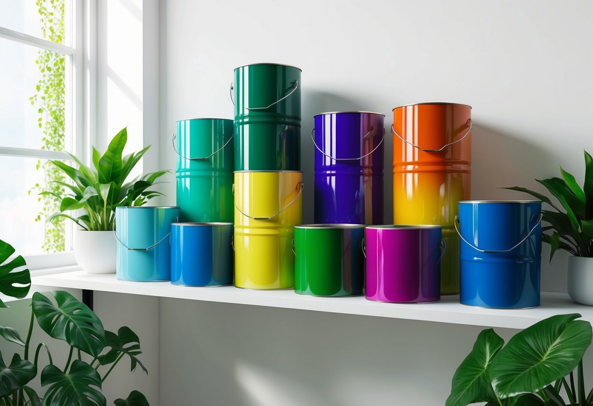 Feature image Vibrant paint cans arranged on a shelf, surrounded by lush green plants and natural light streaming through a window onto a clean, minimalist interior