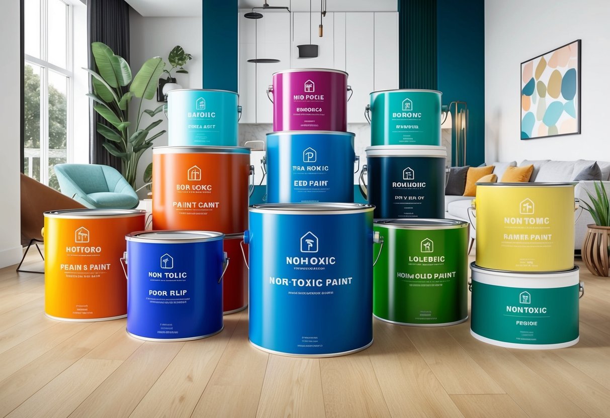 Vibrant paint cans arranged in various rooms of a modern home, each labeled with the type of non-toxic paint recommended for that specific space