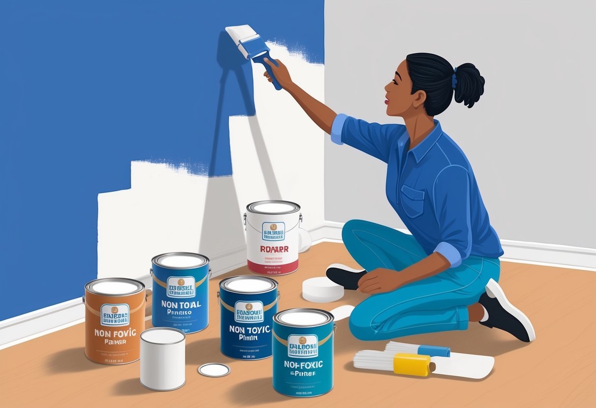 A person painting a wall with non-toxic primer, surrounded by cans of non-toxic paint and preparation materials