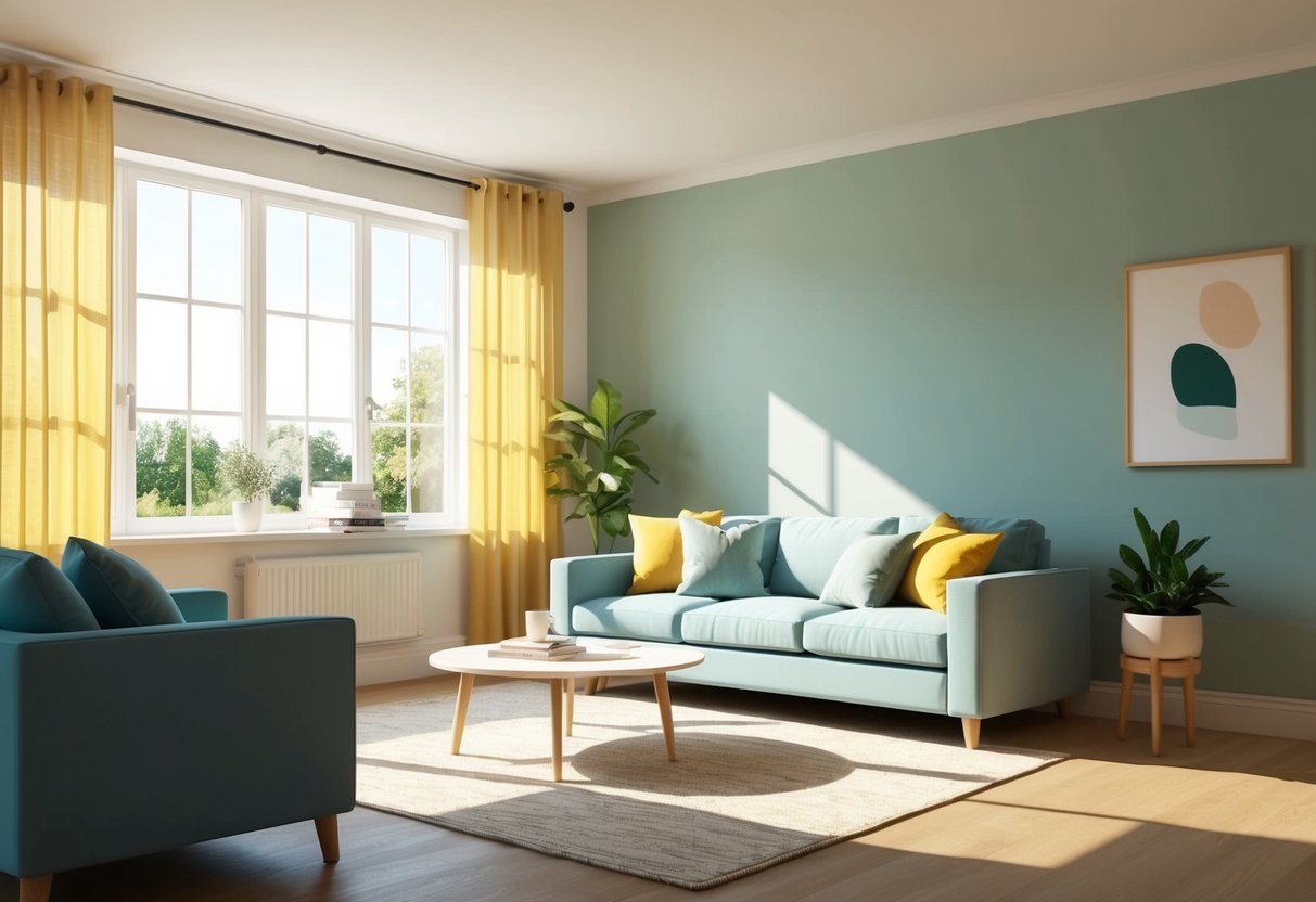 A cozy living room with sunlight streaming in through large windows, showcasing a freshly painted wall in a soft, non-toxic hue