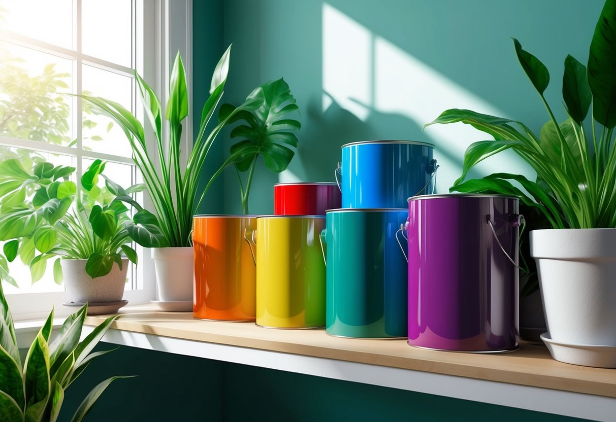 Vibrant paint cans arranged on a shelf, surrounded by lush green plants and natural light streaming in from a nearby window