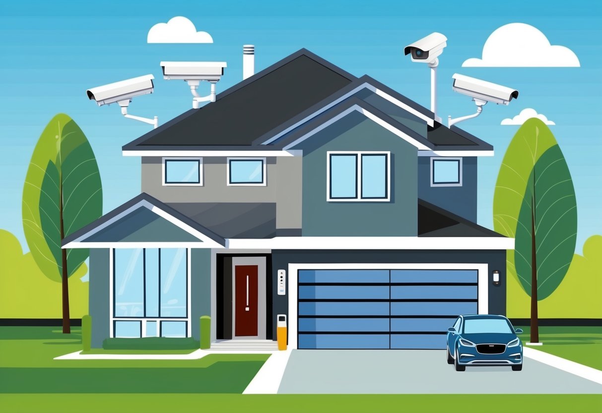A modern home with a security system, surveillance cameras, motion sensors, and a keypad entry, providing peace of mind