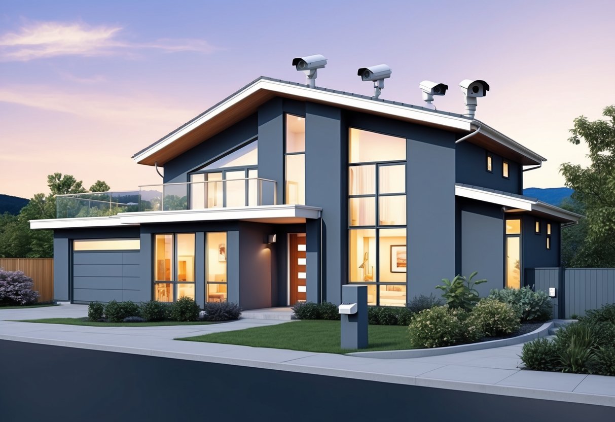 A modern home with security cameras positioned around the exterior, capturing the surrounding landscape and the front entrance