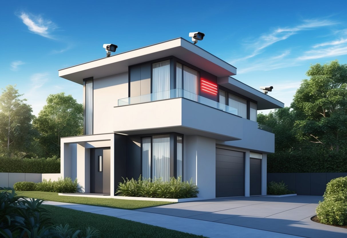 A modern home with sleek security cameras and a flashing alarm system, surrounded by lush greenery and a clear blue sky