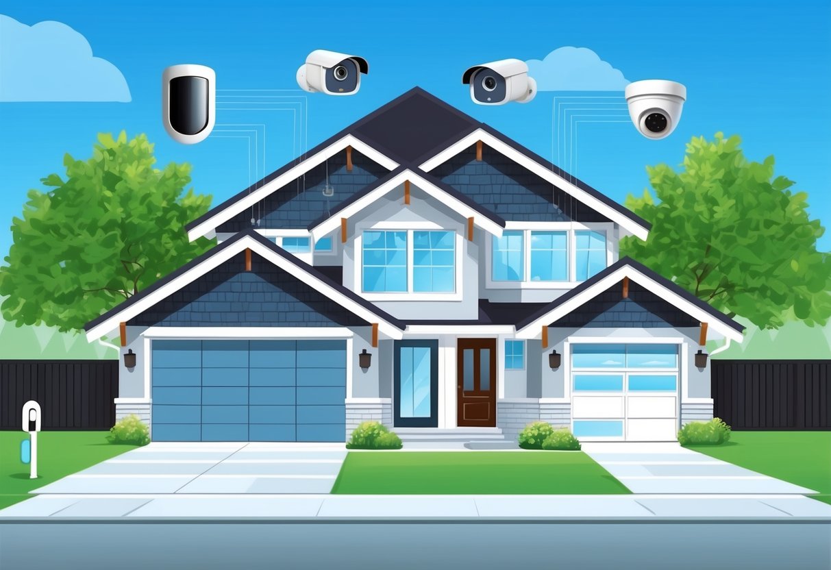 A modern home with top-rated security systems, including cameras, motion sensors, and smart locks, providing complete peace of mind