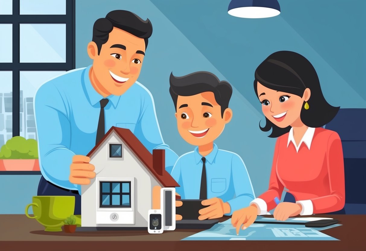 A smiling customer service representative assists a family in setting up their home security system, providing peace of mind