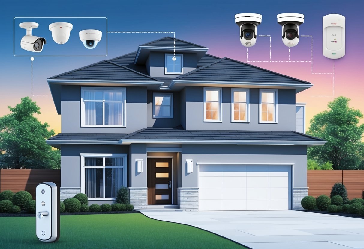A modern home with top-rated security systems installed, featuring cameras, motion sensors, and smart locks for complete peace of mind