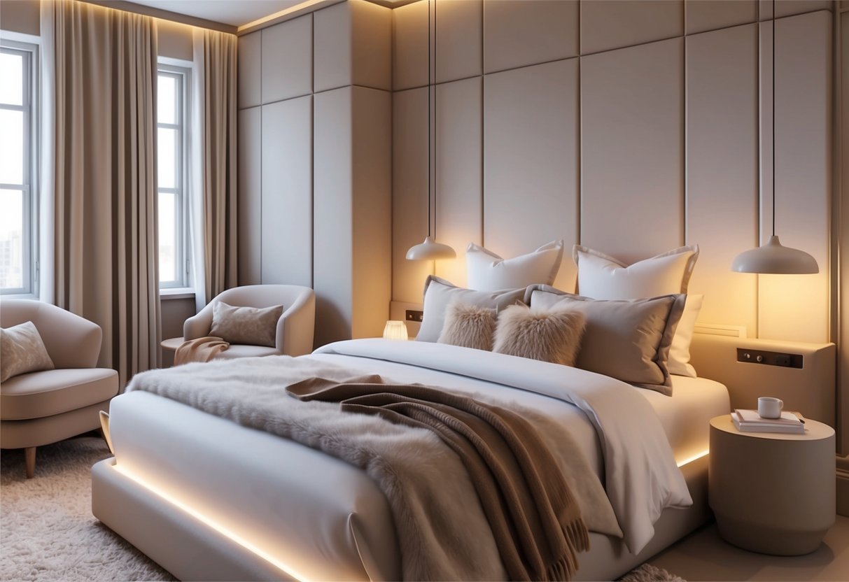 A cozy bedroom with soft, neutral colors, plush bedding, and ambient lighting. A large, comfortable bed with fluffy pillows and a cozy throw blanket. A small seating area with a comfortable chair and side table