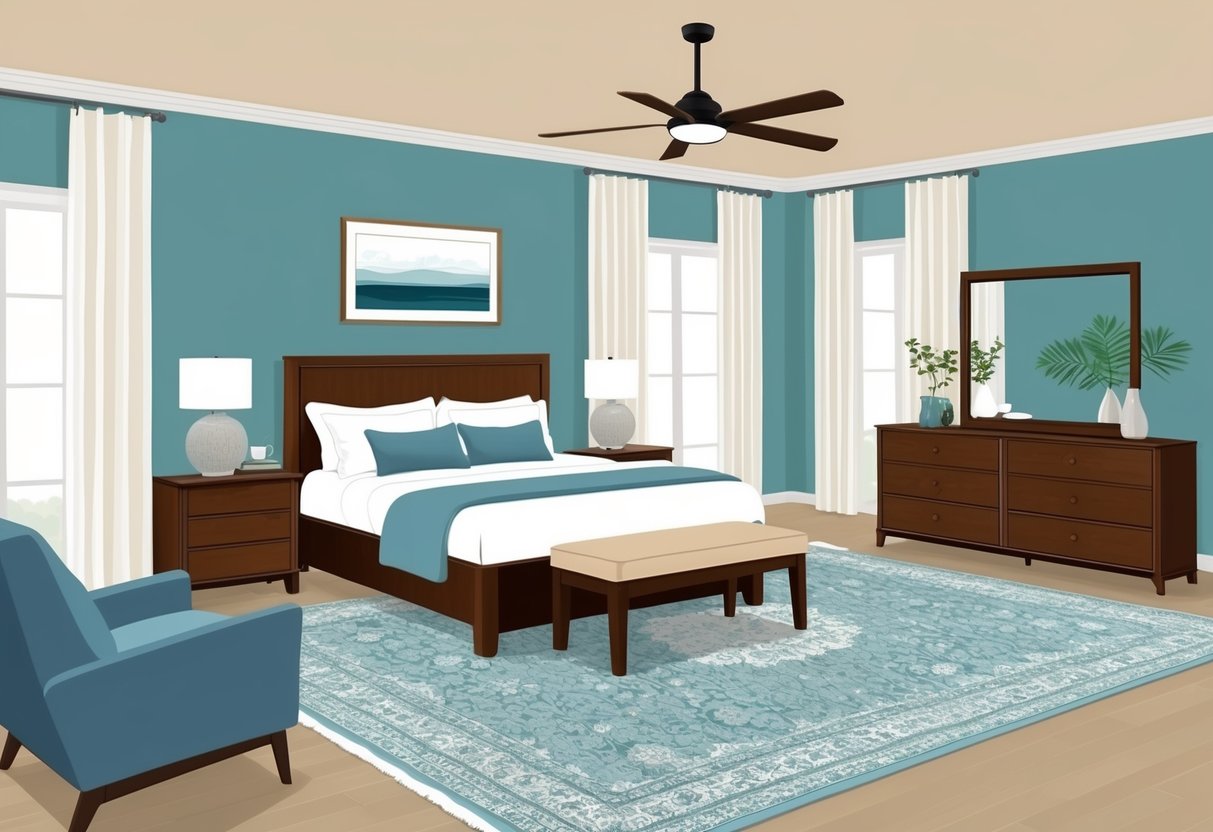 Furniture placed in a bedroom to create a spacious and relaxing atmosphere. Bed positioned for easy access and flow. Peaceful and serene ambiance