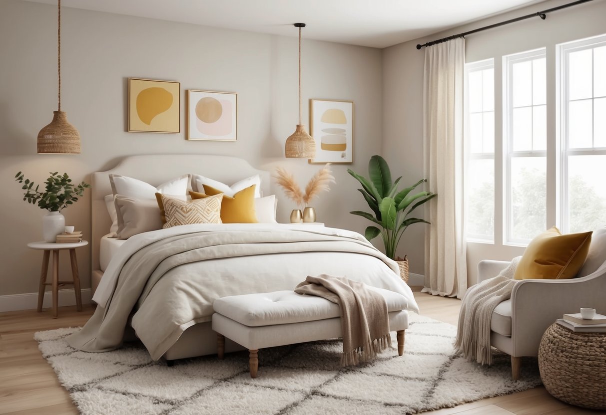 A cozy bedroom with soft, neutral tones and pops of color from accent pieces like throw pillows, wall art, and decorative objects. A plush rug and comfortable bedding create a peaceful retreat