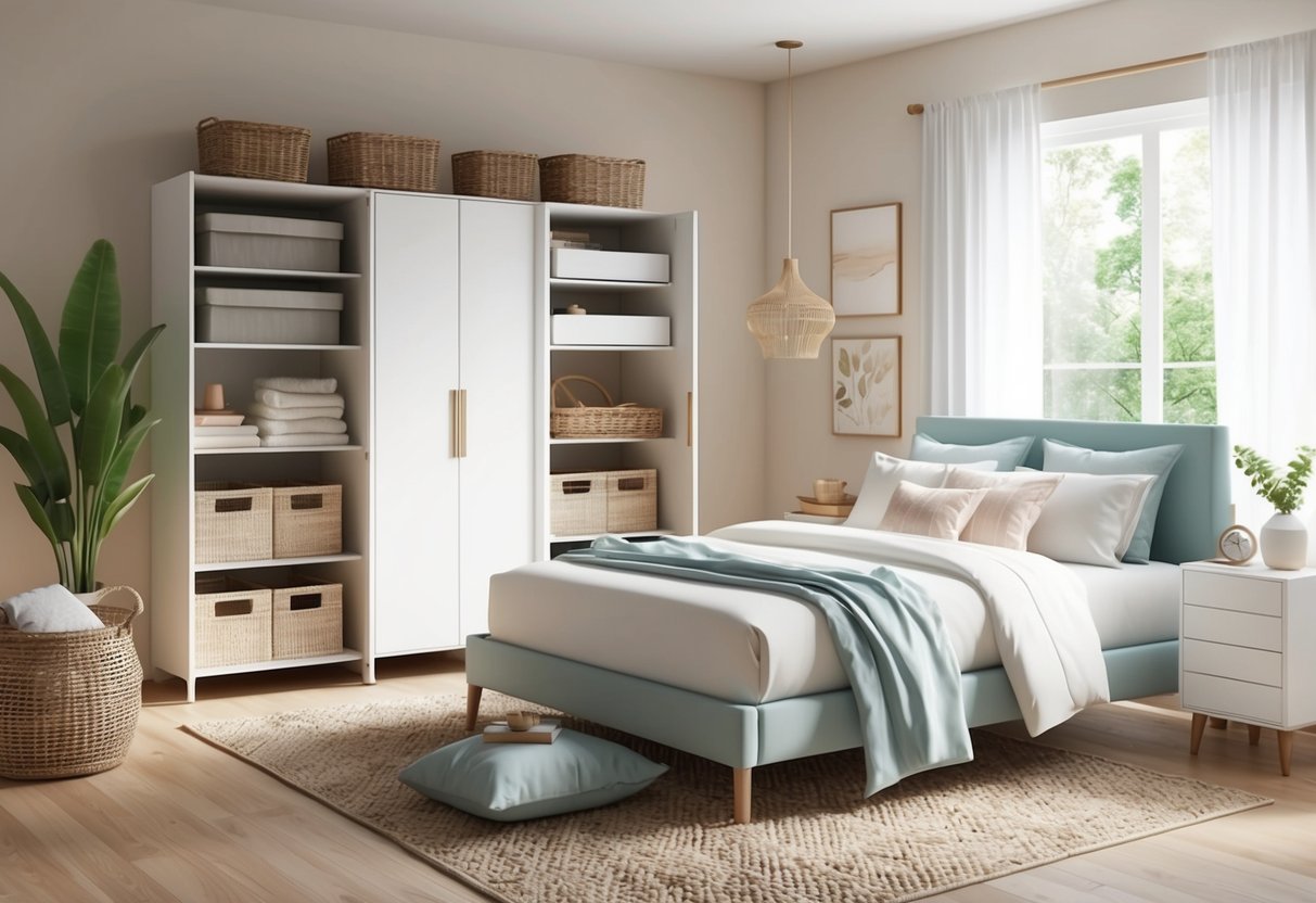 A serene bedroom with organized storage solutions, minimal clutter, and calming decor for a peaceful retreat