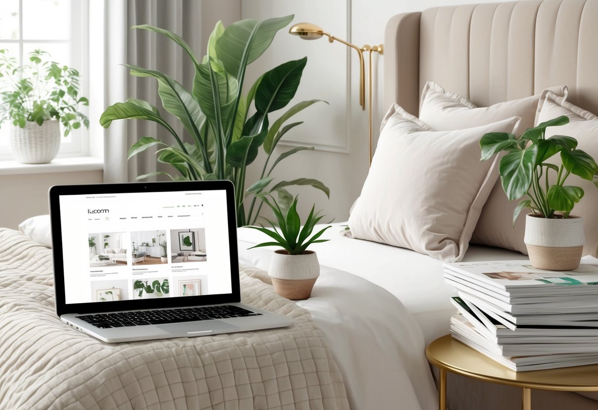 A cozy bedroom with soft, neutral tones, plush bedding, and a variety of green plants. A laptop displaying interior design websites and a stack of home decor magazines on the bedside table