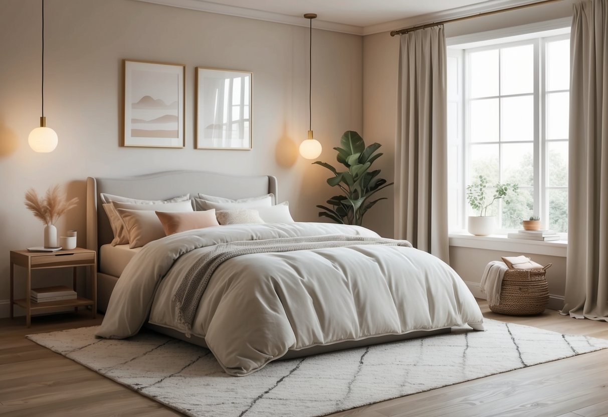 A cozy bedroom with soft, neutral colors, plush bedding, and warm lighting. A clutter-free space with minimal decor for a serene and tranquil atmosphere