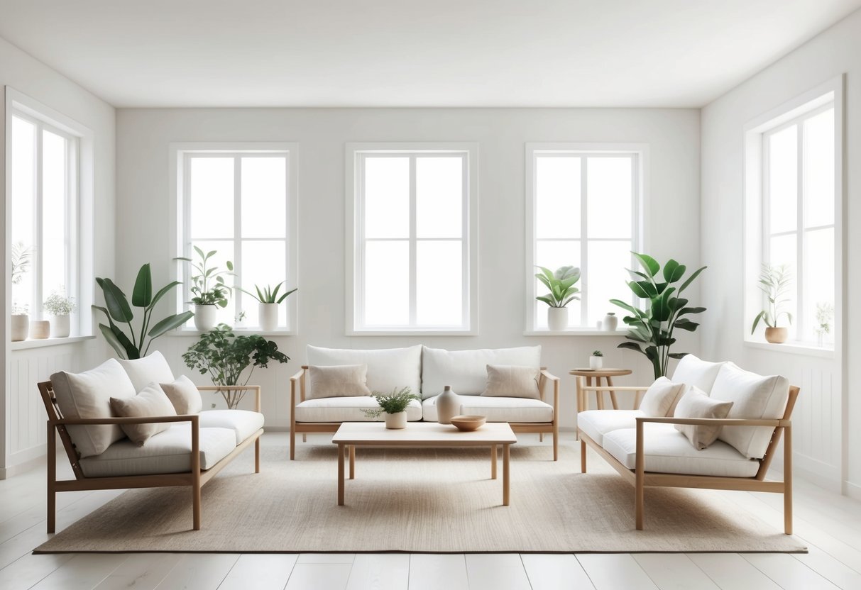 A bright, airy living room with minimalist furniture, clean lines, natural materials, and neutral color palette. Large windows let in natural light, and plants add a touch of greenery