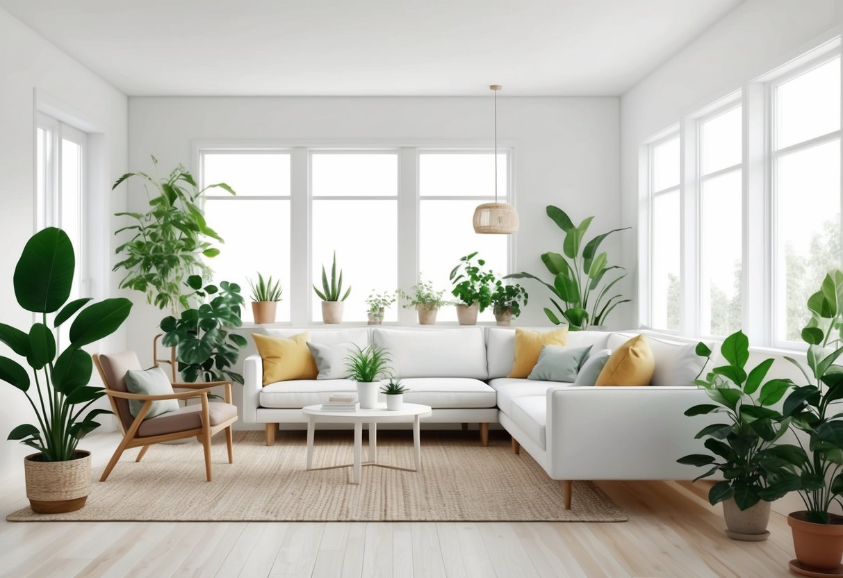 A bright, airy living room with large windows, minimalist furniture, and an abundance of potted indoor plants, creating a serene Scandinavian interior design