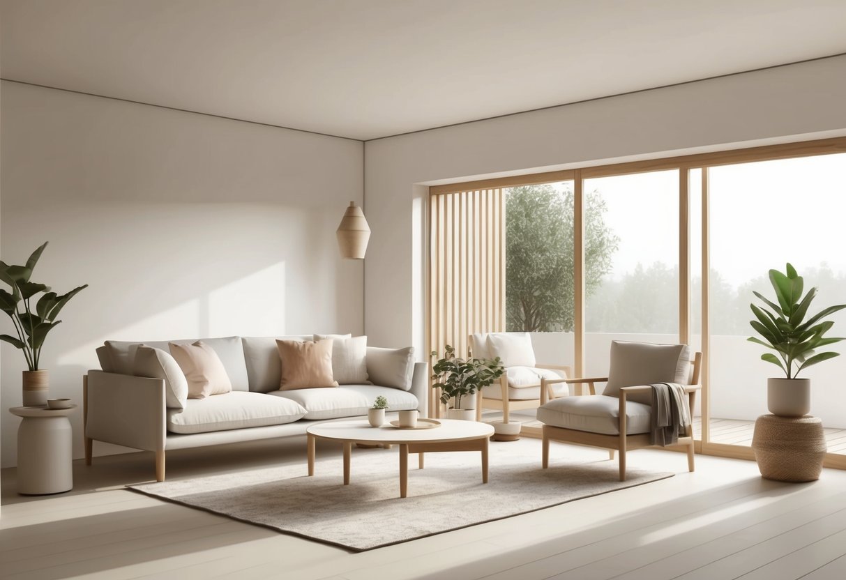 A cozy living room with minimalist furniture, natural light, and neutral colors. A large window lets in the soft glow of the outdoors, while clean lines and simple decor create a serene atmosphere