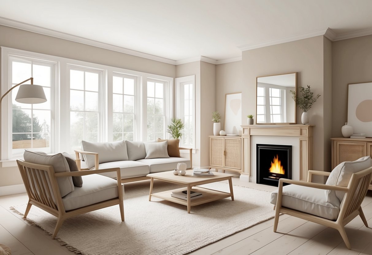 A cozy living room with light wood furniture, neutral colors, and minimalist decor. Large windows let in natural light, and a fireplace adds warmth