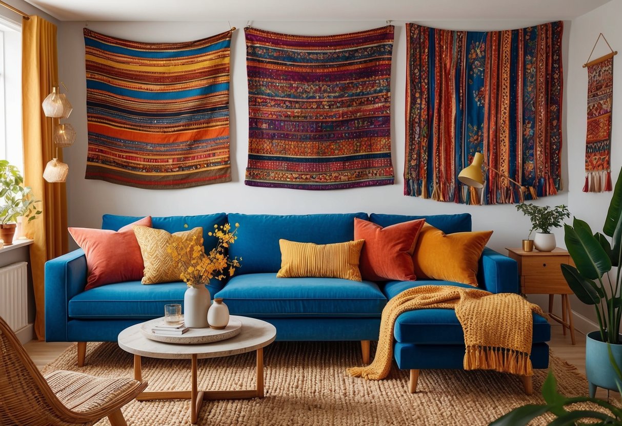 A cozy living room with colorful fabric wall hangings adding texture and warmth to the space, transforming blank walls into stunning features