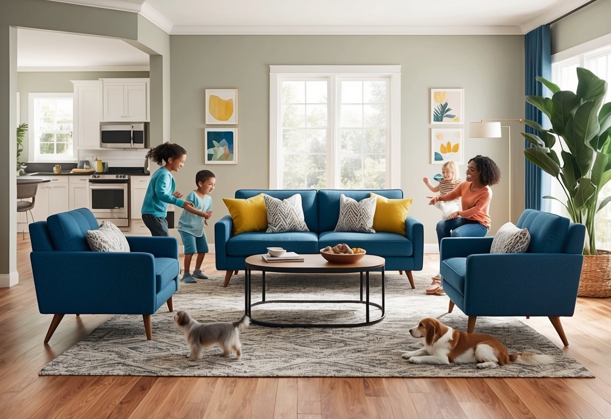 A living room with a durable, stain-resistant sofa and chairs in a high-traffic home, with pets and children playing