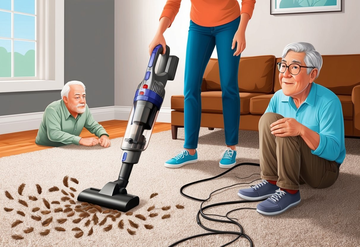A pet owner using a cordless vacuum to clean pet hair from a carpeted floor, with a visibly relieved allergy sufferer nearby
