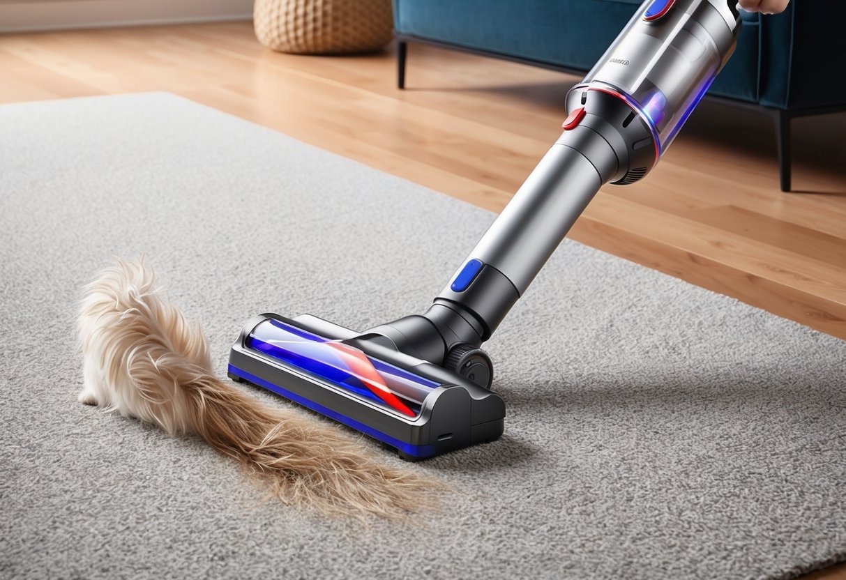 A sleek, modern cordless vacuum effortlessly glides across a carpeted floor, capturing pet hair and allergens with its innovative design